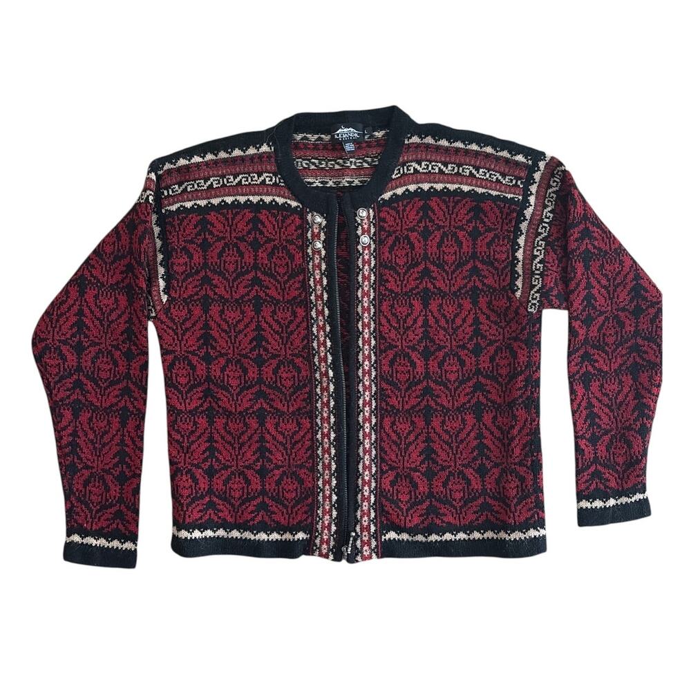Icelandic Design Wool Full Zip Cardigan Fair Isle Sweater Red Black EUC Large